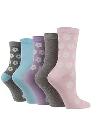 Wild Feet 5 Pack Floral Jacquard Socks - Pink/Grey/Lilac/Blue Mix