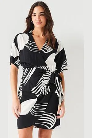 Very Short Sleeve Mini Printed Wrap Dress - Black/White
