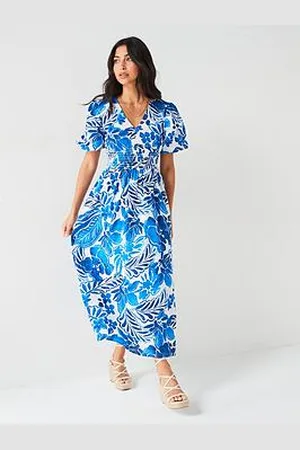 Very Floral Printed Cotton Midi Dress - Blue