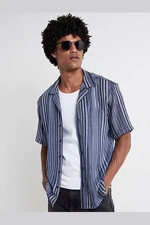 River Island Short Sleeve Regular Fit Crochet Stripe Revere Shirt