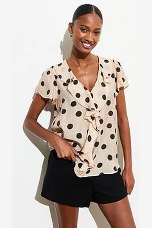 New Look Off White Spot Print Ruffle Front Blouse