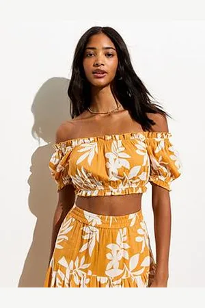 New Look Yellow Leaf- Bardot-Neckline Cropped Top
