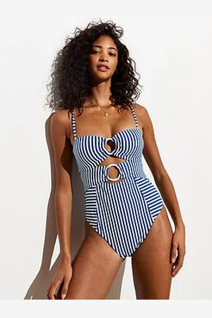 New Look Blue Stripe Rib-Textured Cut Out Swimsuit