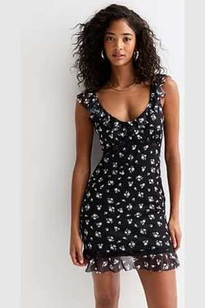 New Look Black Floral Ruffle Trim Mini Dress