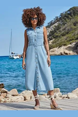 Sosandar Denim Belted Fit & Flare Utility Dress