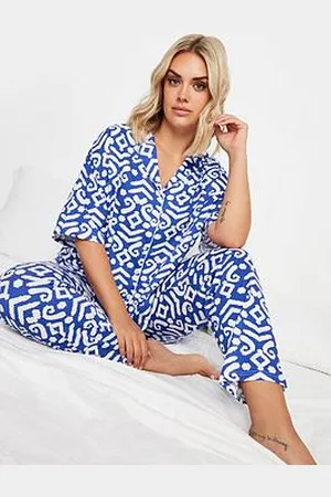 Yours Curve Ikat Collar Revere Pj Set - Blue