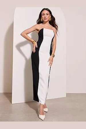 Michelle Keegan Bandeau Mono Stripe Midaxi Dress - White/Black