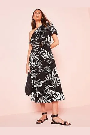 Very Printed One Shoulder Frill Midi Dress - Black/White