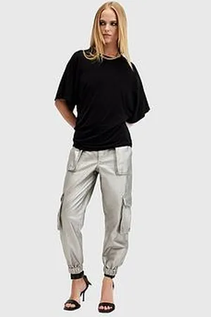 AllSaints Freda Metallic Coated Cargo Trousers - Silver/Sage