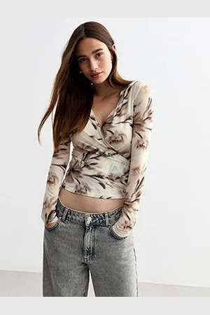 New Look Brown Wrap Long Sleeve Mesh Top