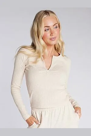 Boux Avenue Ribbed Long Sleeve Henley Top - Oatmeal
