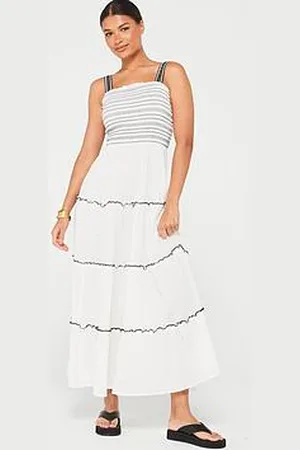 Very Contrast Stitch Shirred Midi Beach Dress