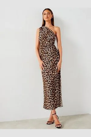 MANGO Leopard One Shoulder Maxi Dress - Brown