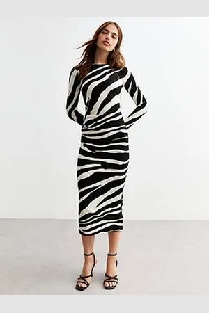 New Look Zebra Crinkled Long Sleeved Midi Dress
