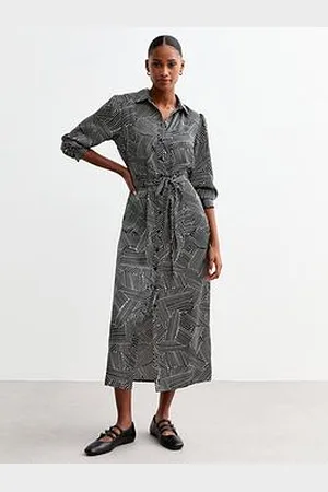 New Look Geometric Patterned Belted Midi Shirt Dress - Black/