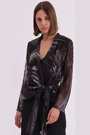Religion Infinity Wrap Top With Tie Front In Hand-Painted Prints - Black/Khaki