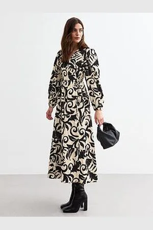 New Look Black Fern Crinkled Midi Wrap Dress