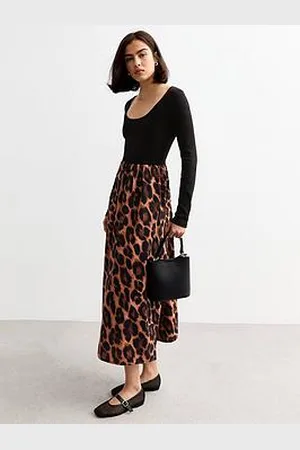 New Look Leopard Long Sleeve Mix Midi Dress - Black
