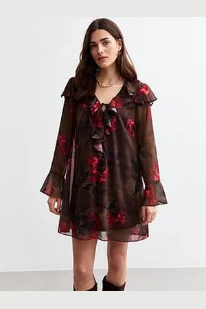 New Look Ruffle Trim Long Sleeve Rose Mini Dress - Brown