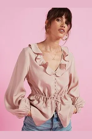 Very Tie Waist Ruffle Neck Blouse - Pink