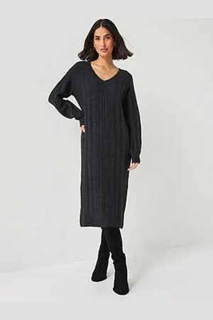 Everyday Basic V Neck Rib Knitted Dress - Dark