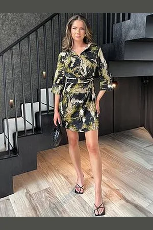Ax Paris Smudge Print 3/4 Sleeve Gathered Side Shirt Mini Dress
