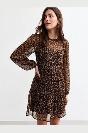 New Look Leopard Chiffon Long Sleeve Mini Dress