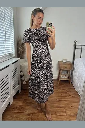 Style Cheat Animal Print Bow Back Tiered Midi Dress