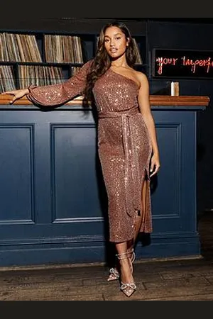 Style Cheat One Shoulder Sequin Midi Dress - Rust