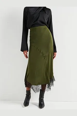 Very Lace Hem Satin Midi Skirt - Khaki