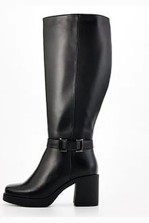 Very Extra Wide Fit Buckle Knee Block Heel Boot