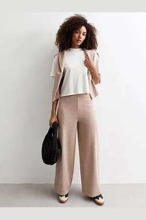 New Look Soft Touch Rib Wide Leg Trousers - Cream