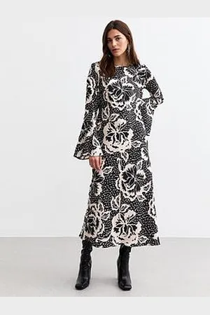 New Look Floral Flared Sleeve Midi Dress - Black/White