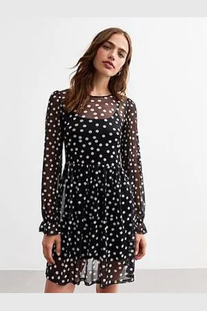 New Look Mesh Polka Dot Smock Mini Dress - Black
