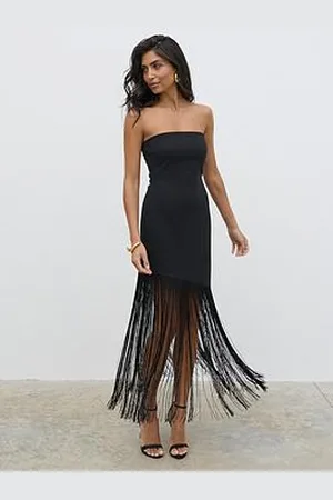 Pretty Lavish Eliana Bandeau Asymmetric Fringed Dress