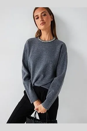 Very Embellished Neckline Crew Neck Jumper With Wool
