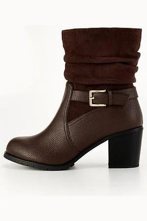 Very Wide Fit Slouch Buckle Block Heel Calf Boot - Brown
