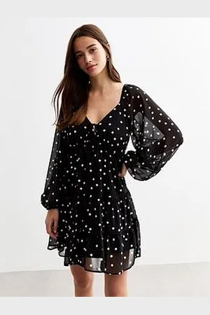 New Look Polka Dot Chiffon Mini Smock Dress - Black