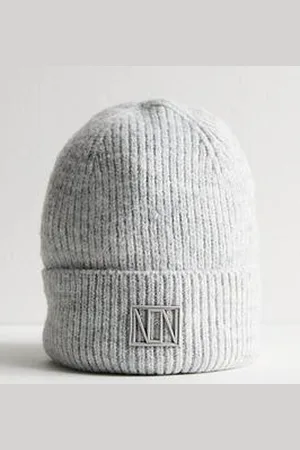 New Look Grey Logo Tab Rib Knit Beanie Hat