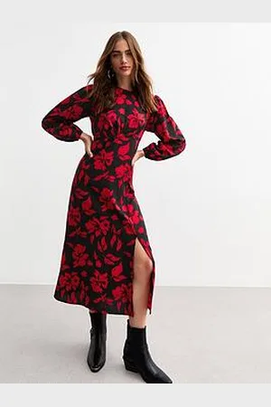 New Look Floral Slit Hem Midi Dress - Black