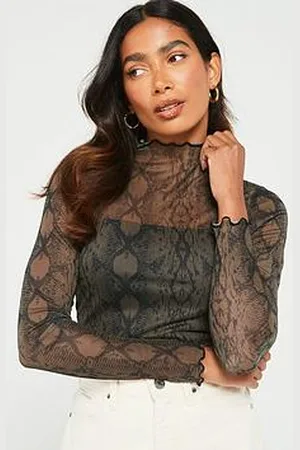 Very High Neck Long Sleeve Mesh Top - Animal