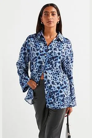 Very Mono Leopard Printed Longline Oversized Shirt - Blue
