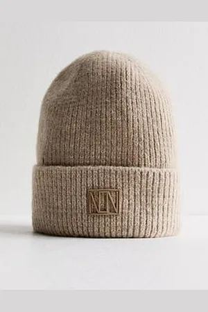 New Look Cream Logo Tab Rib Knit Beanie Hat