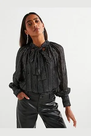 Very Stripe Pussy Bow Lurex Blouse - Black