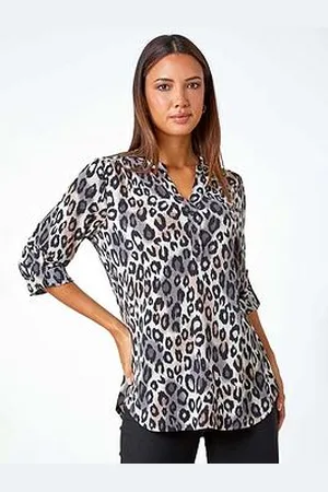 Roman Animal Print Stretch Blouse - Taupe