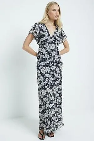 River Island Flutter Sleeve Floral Print Maxi Dress