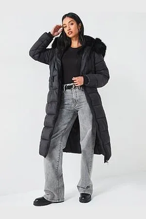 Very Longline Padded Belted Coat With Faux Fur Trim