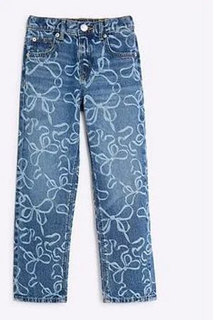River Island Older Girl Denim Bow Laser Cut Mom Jeans