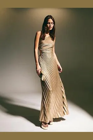 New Look Metallic Foil Pleated One Shoulder Maxi Dress