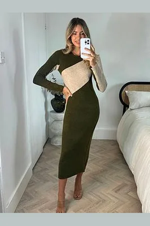 Style Cheat Colour Block Knitted Midi Dress - Khaki/Stone